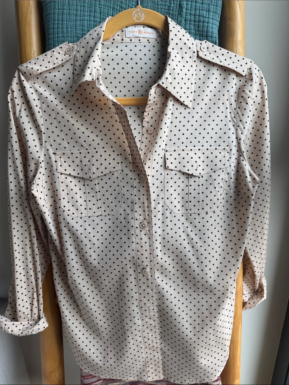 Tory Burch Beige Button-Down Shirt with Black Polka Dots